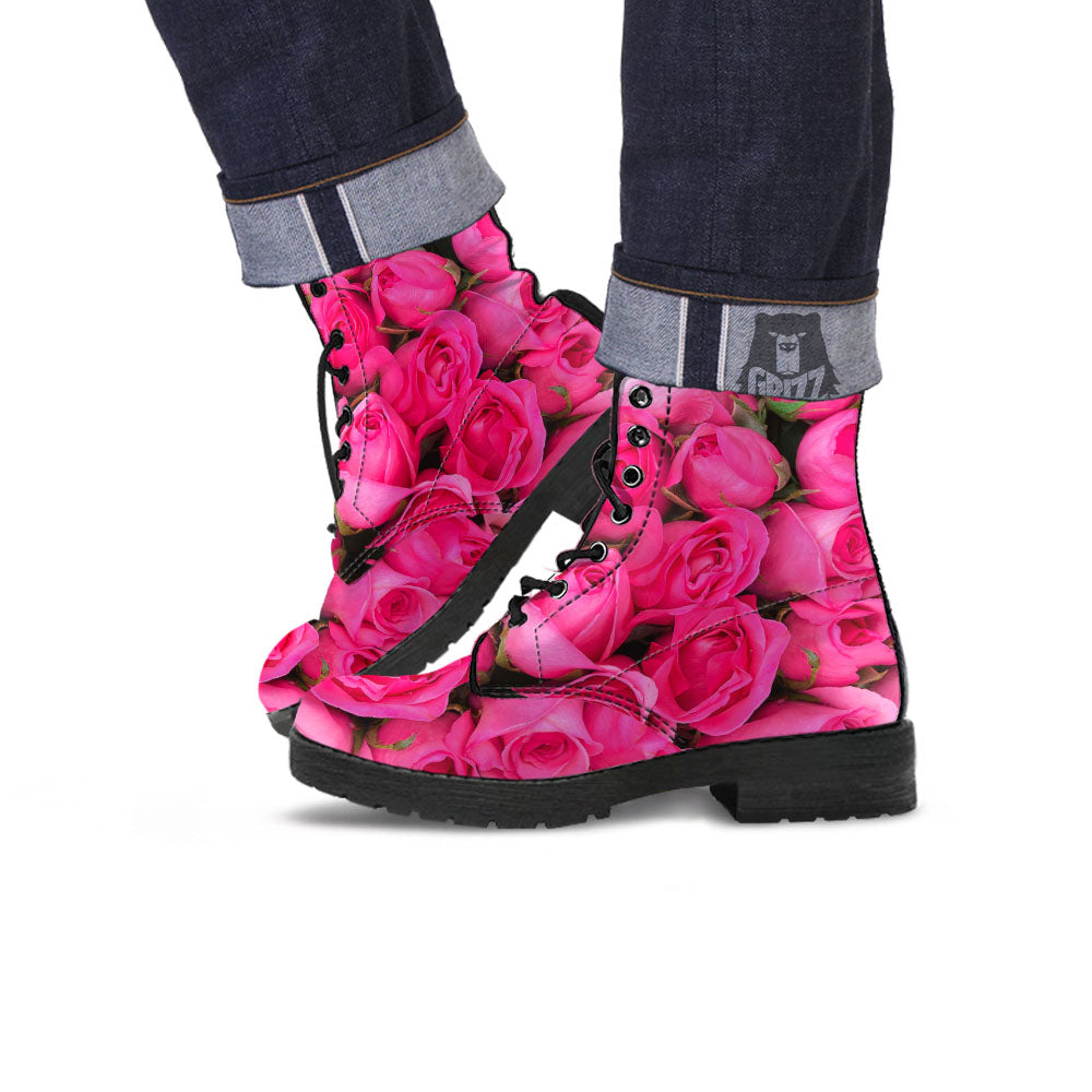 Rose Hot Pink Print Leather Boots-grizzshop