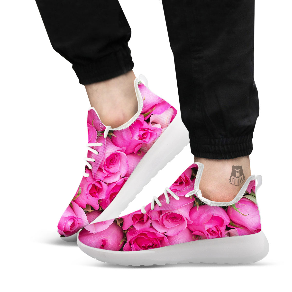 Rose Hot Pink Print White Athletic Shoes-grizzshop