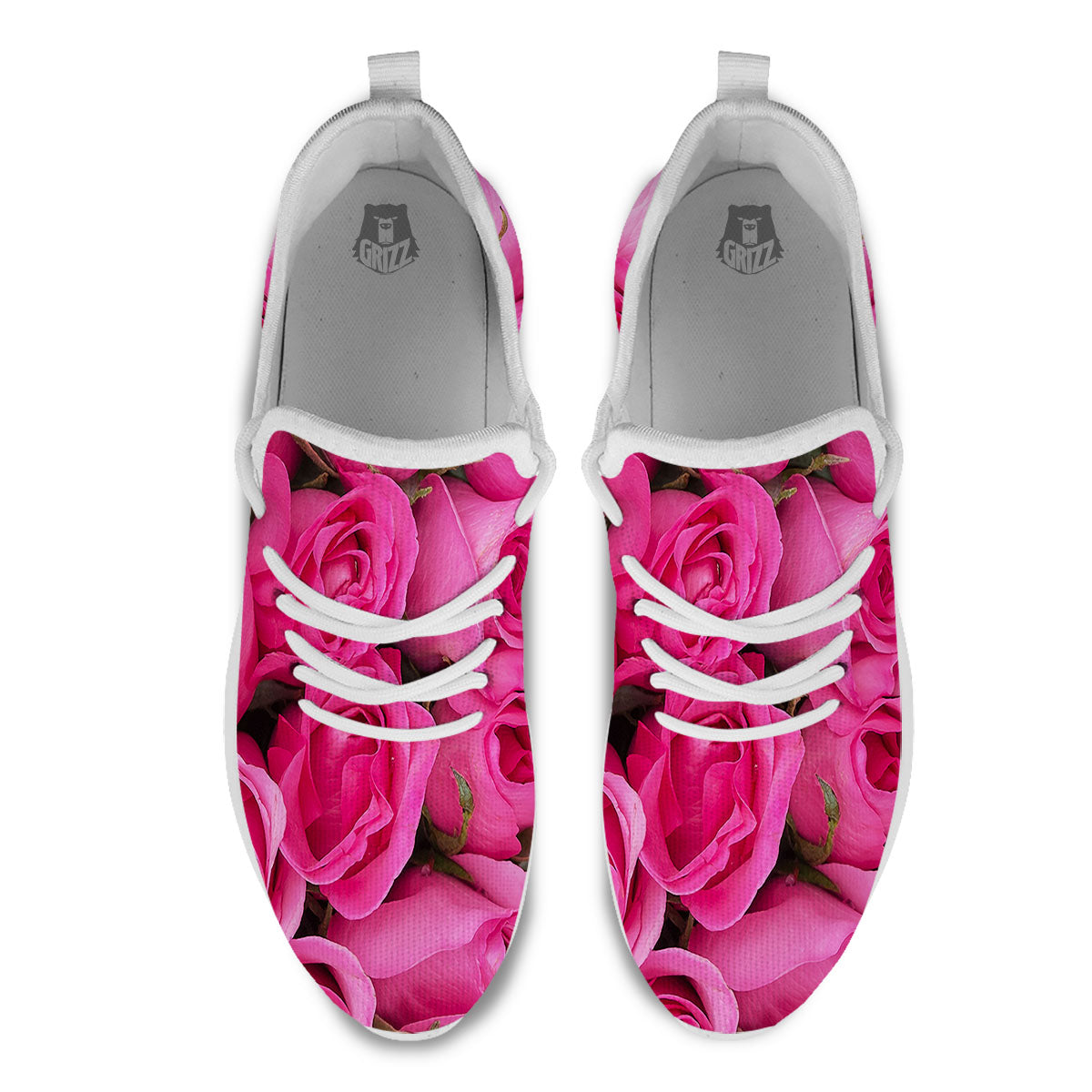 Rose Hot Pink Print White Athletic Shoes-grizzshop