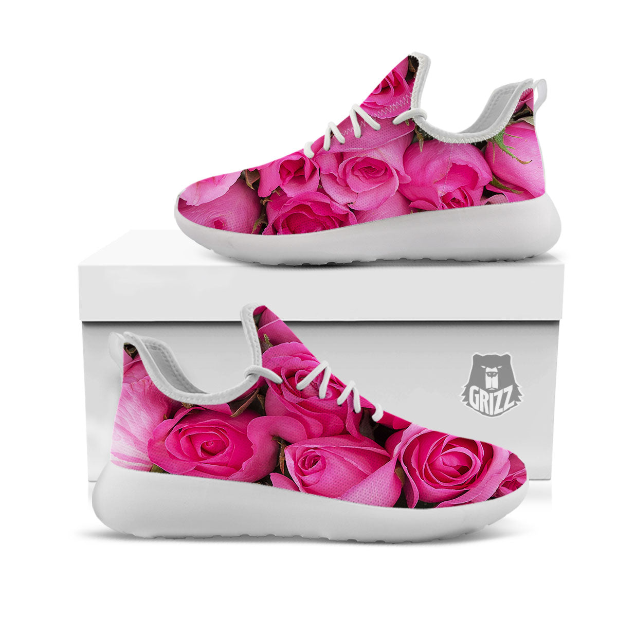 Rose Hot Pink Print White Athletic Shoes-grizzshop