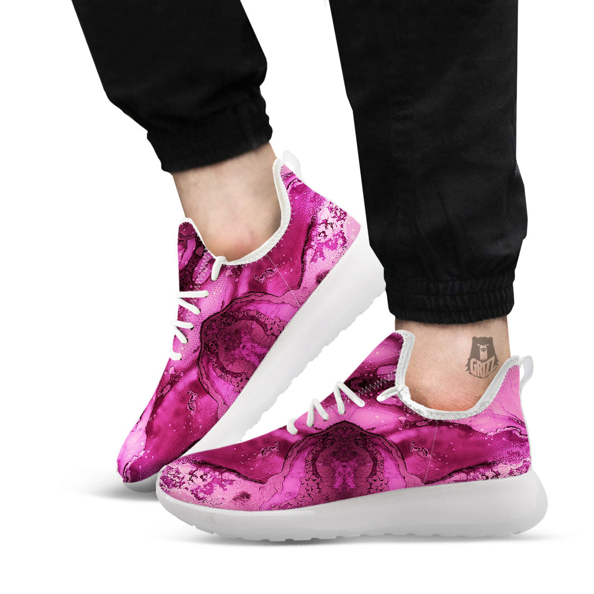 Rose Kaleidoscope Pink Print White Athletic Shoes-grizzshop