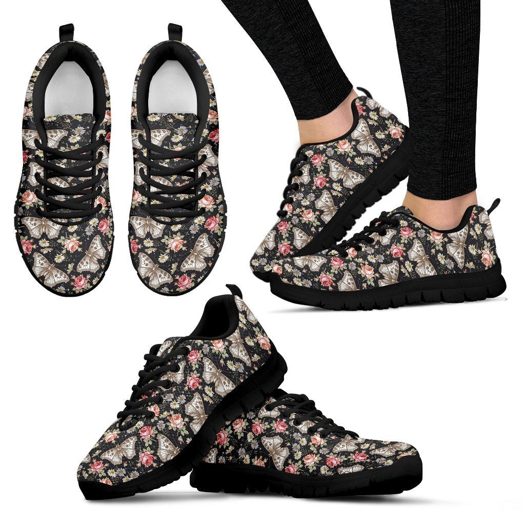Rose Monarch Butterfly Pattern Print Black Sneaker Shoes For Men Women-grizzshop