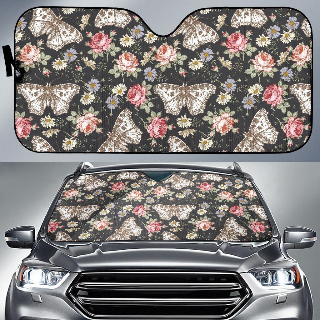Rose Monarch Butterfly Pattern Print Car Sun Shade-grizzshop