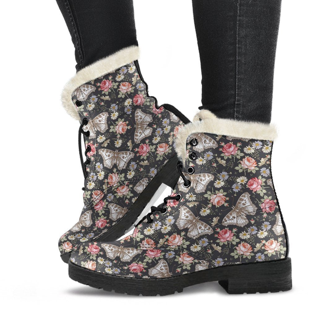 Rose Monarch Butterfly Pattern Print Comfy Winter Boots-grizzshop