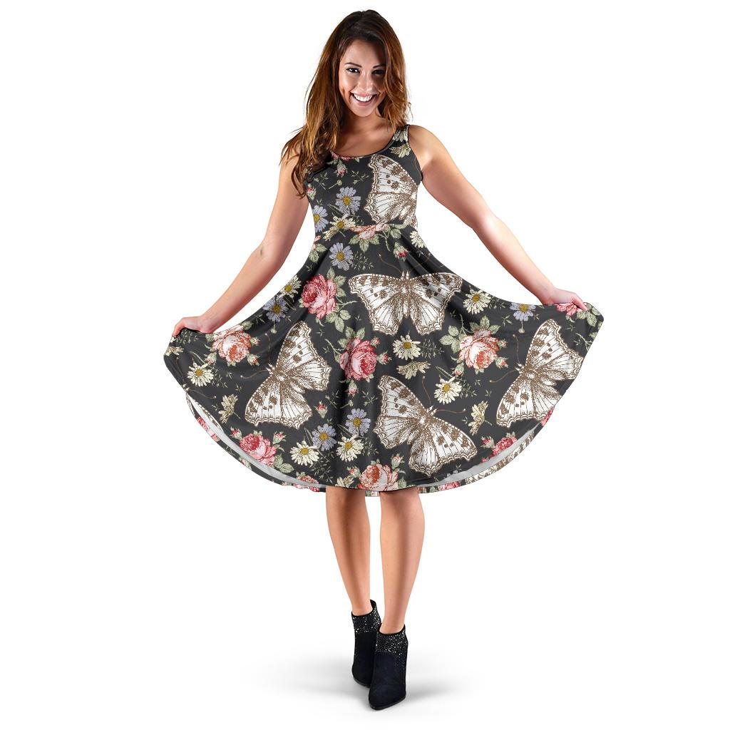 Rose Monarch Butterfly Pattern Print Dress-grizzshop