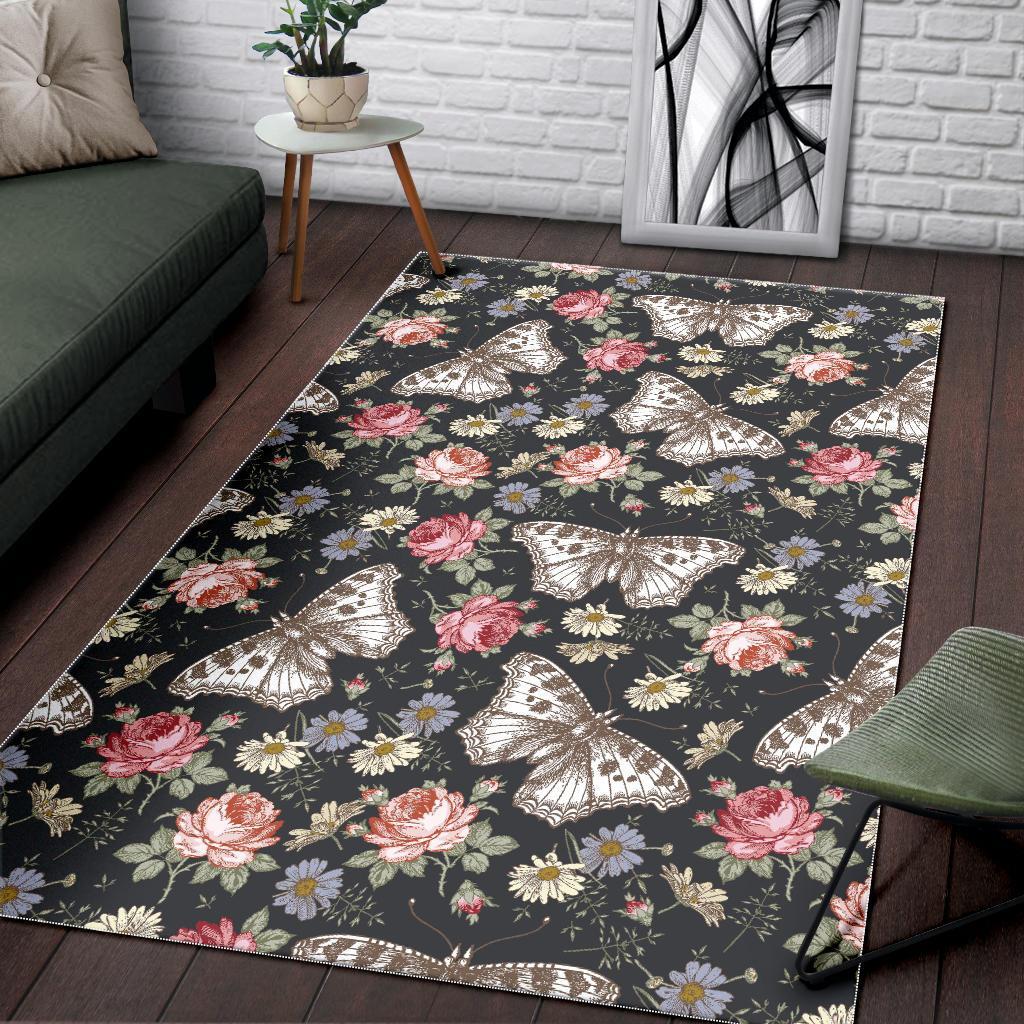 Rose Monarch Butterfly Pattern Print Floor Mat-grizzshop