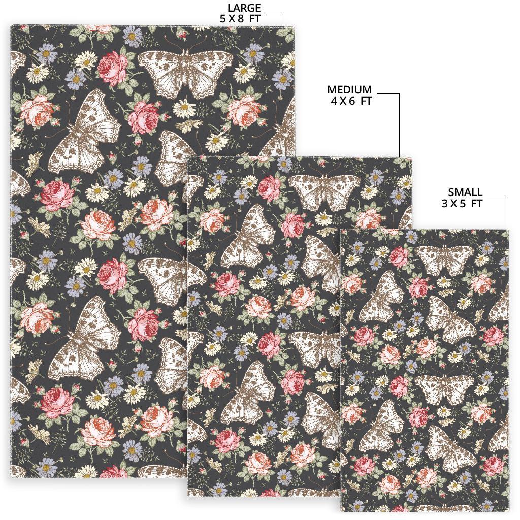 Rose Monarch Butterfly Pattern Print Floor Mat-grizzshop