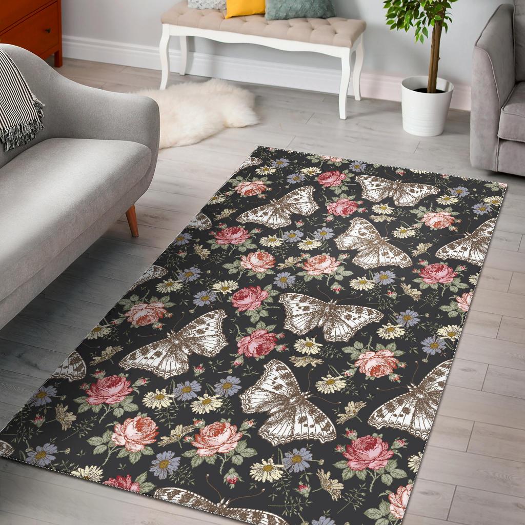 Rose Monarch Butterfly Pattern Print Floor Mat-grizzshop