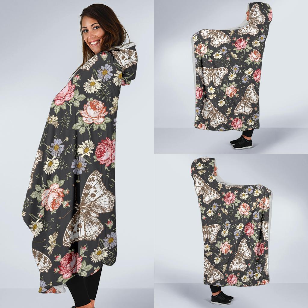 Rose Monarch Butterfly Pattern Print Hooded Blanket-grizzshop