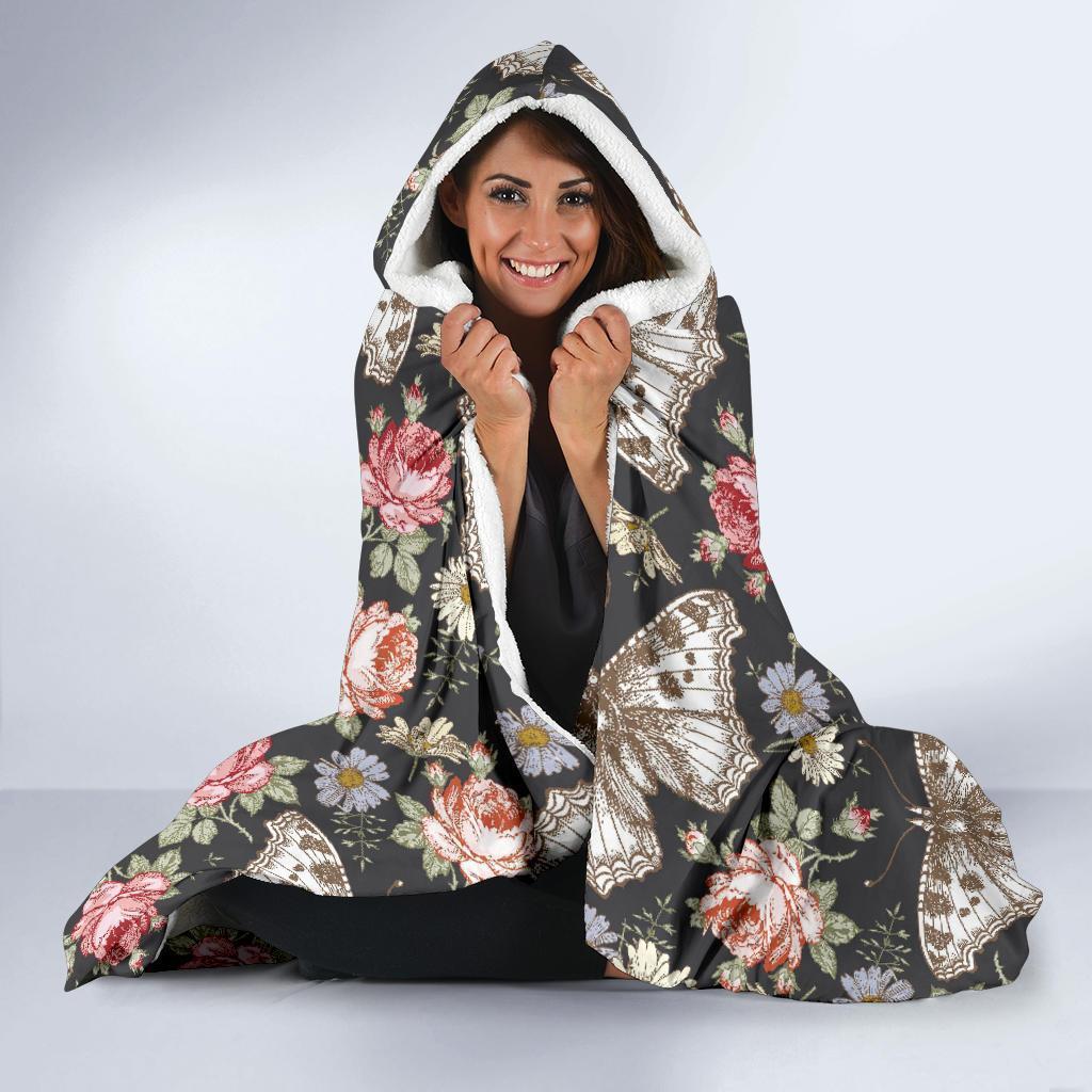 Rose Monarch Butterfly Pattern Print Hooded Blanket-grizzshop