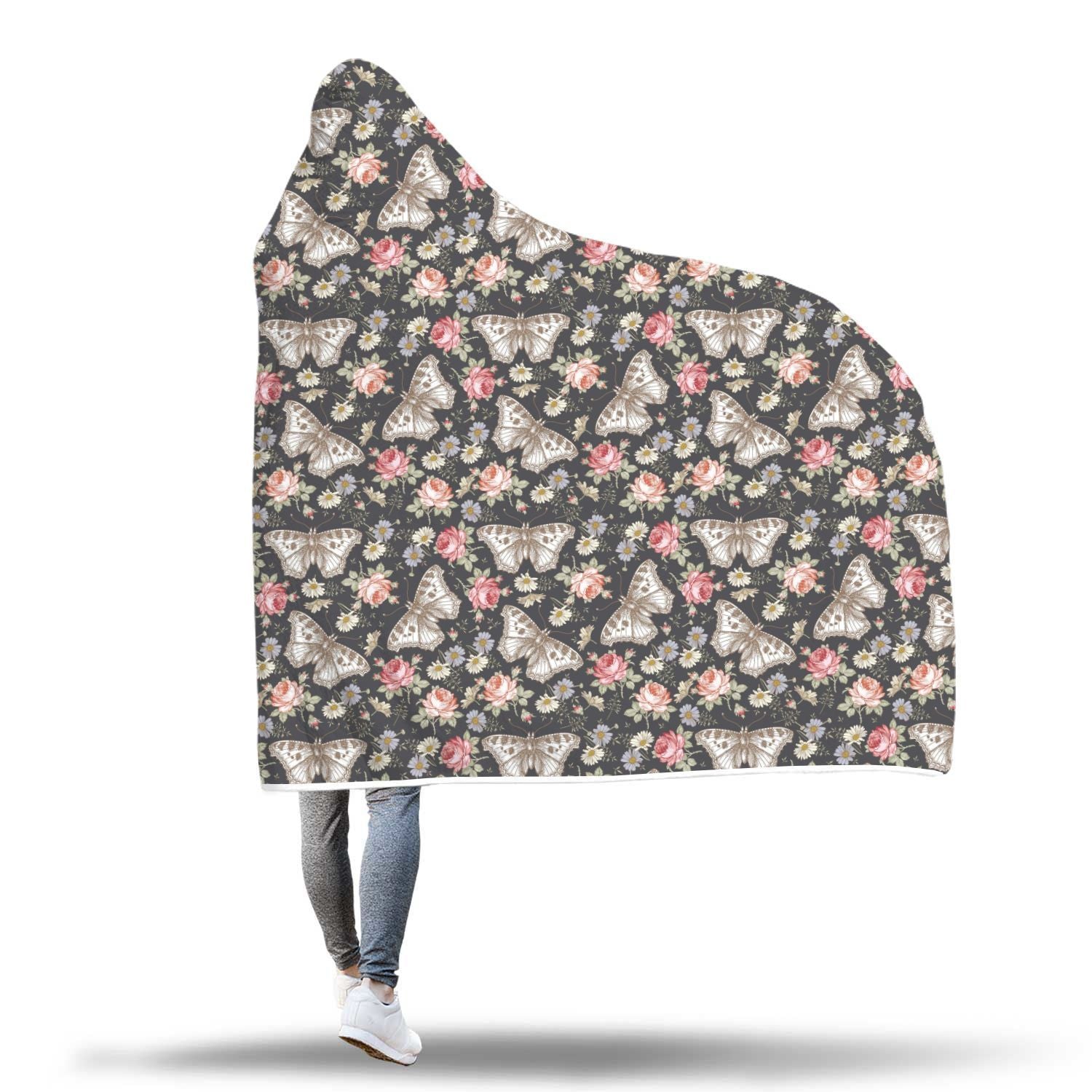 Rose Monarch Butterfly Pattern Print Hooded Blanket-grizzshop