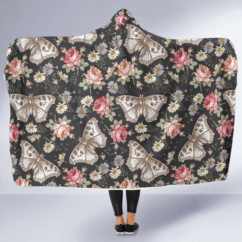 Rose Monarch Butterfly Pattern Print Hooded Blanket-grizzshop