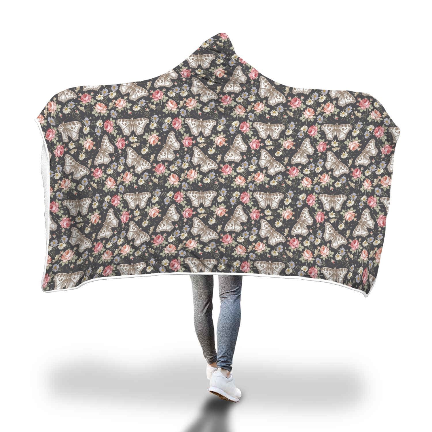 Rose Monarch Butterfly Pattern Print Hooded Blanket-grizzshop