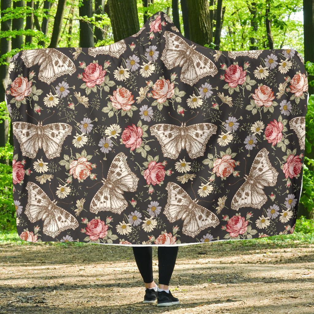 Rose Monarch Butterfly Pattern Print Hooded Blanket-grizzshop