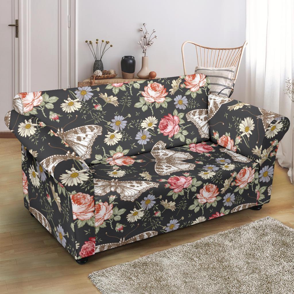 Rose Monarch Butterfly Pattern Print Loveseat Cover-grizzshop