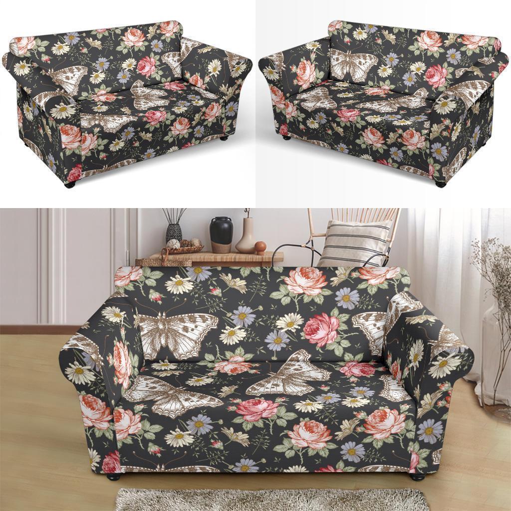 Rose Monarch Butterfly Pattern Print Loveseat Cover-grizzshop