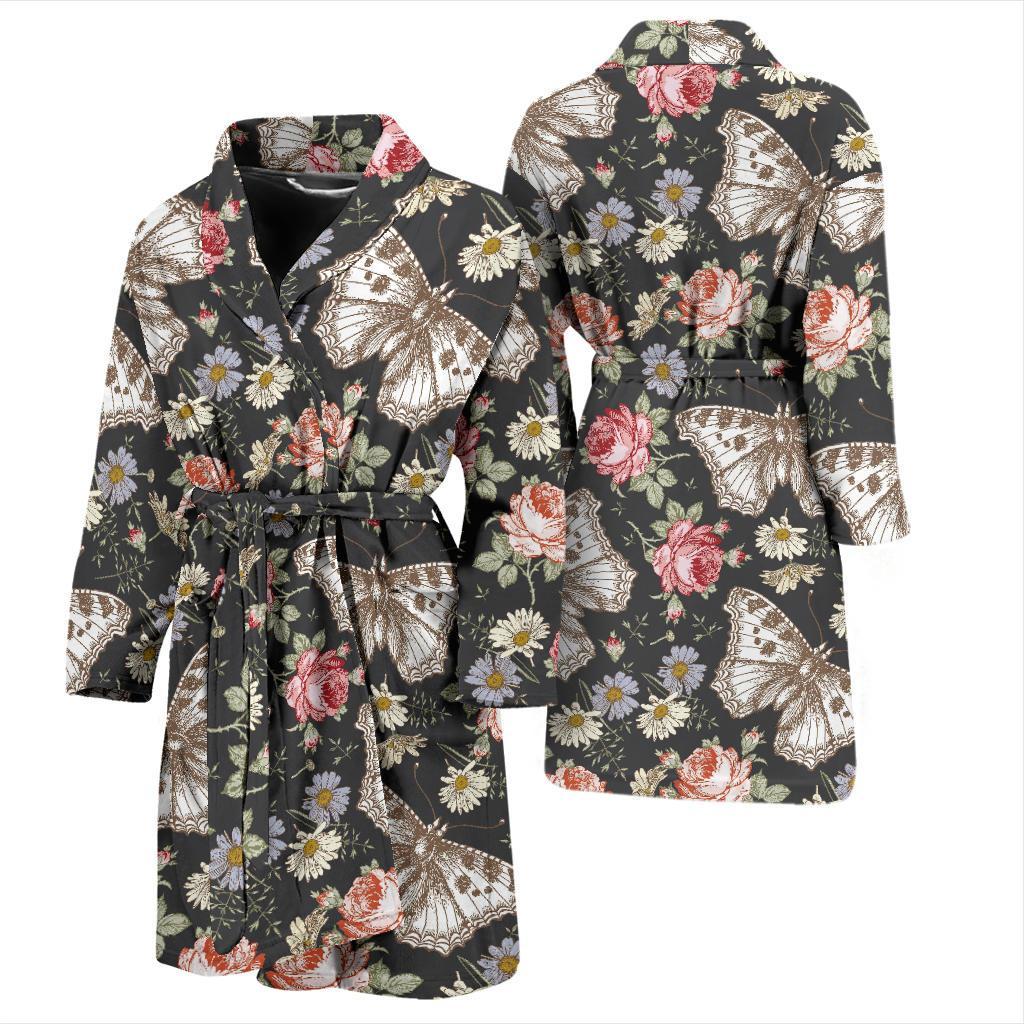 Rose Monarch Butterfly Pattern Print Men Long Robe-grizzshop