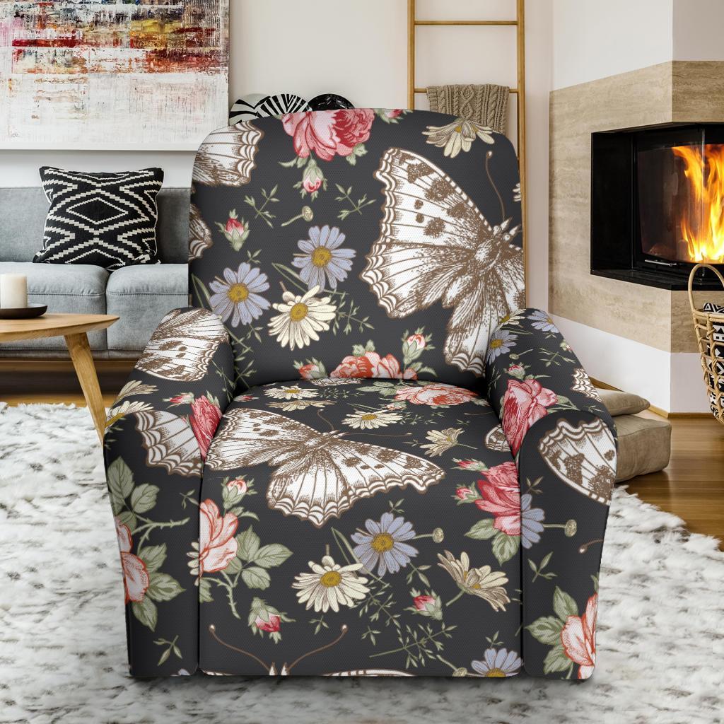 Rose Monarch Butterfly Pattern Print Recliner Cover-grizzshop