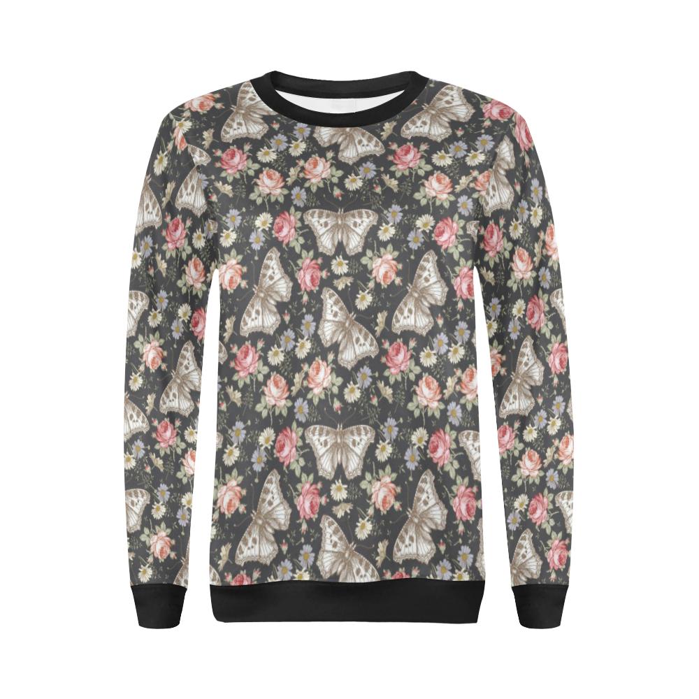 Rose Monarch Butterfly Pattern Print Women Crewneck Sweatshirt-grizzshop