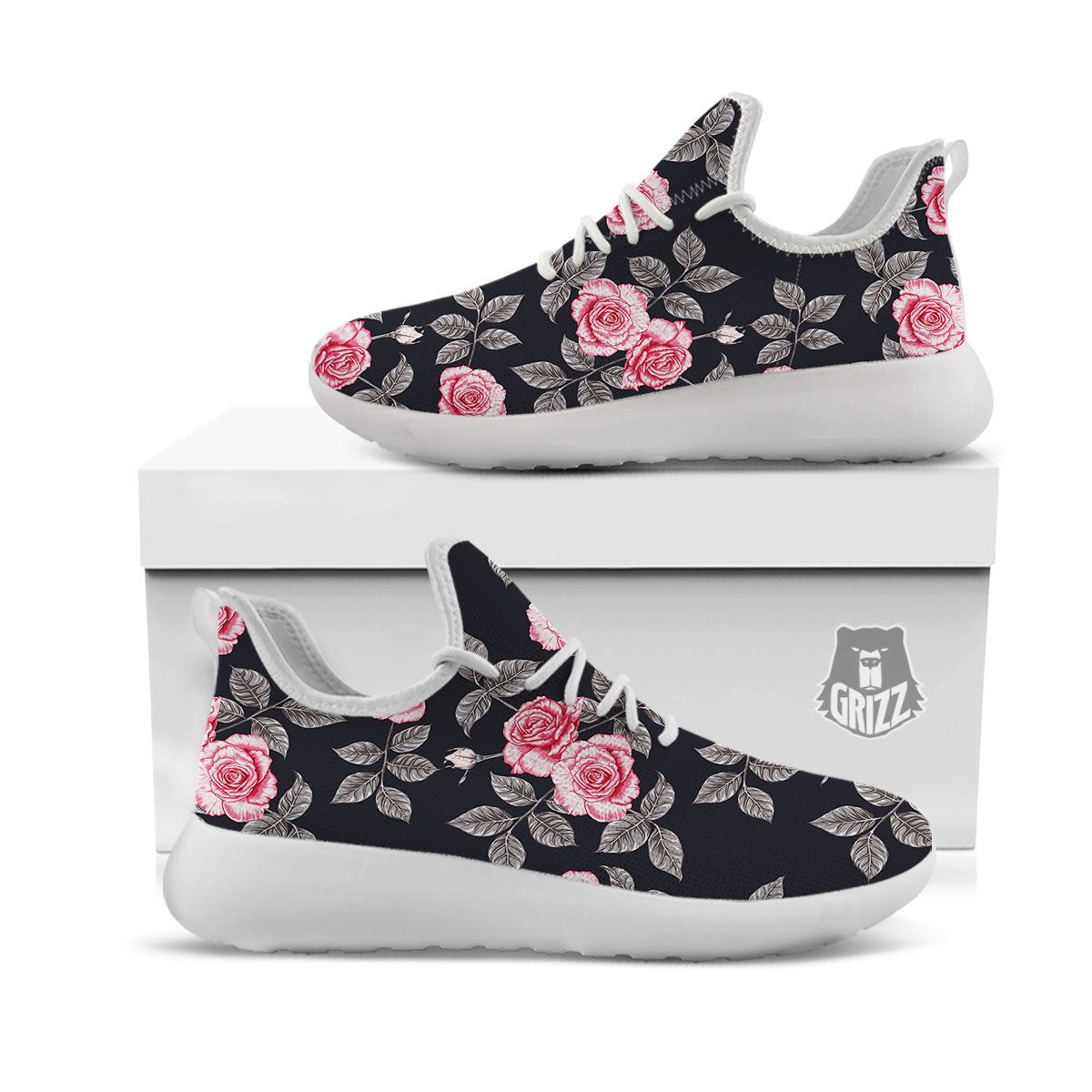 Rose Pink Print Pattern White Athletic Shoes-grizzshop