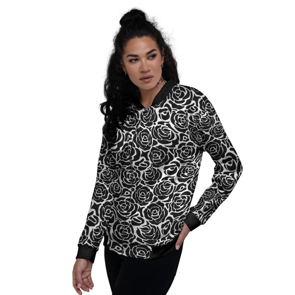 Rose Print Monochrome Pattern Women's Bomber Jacket-grizzshop