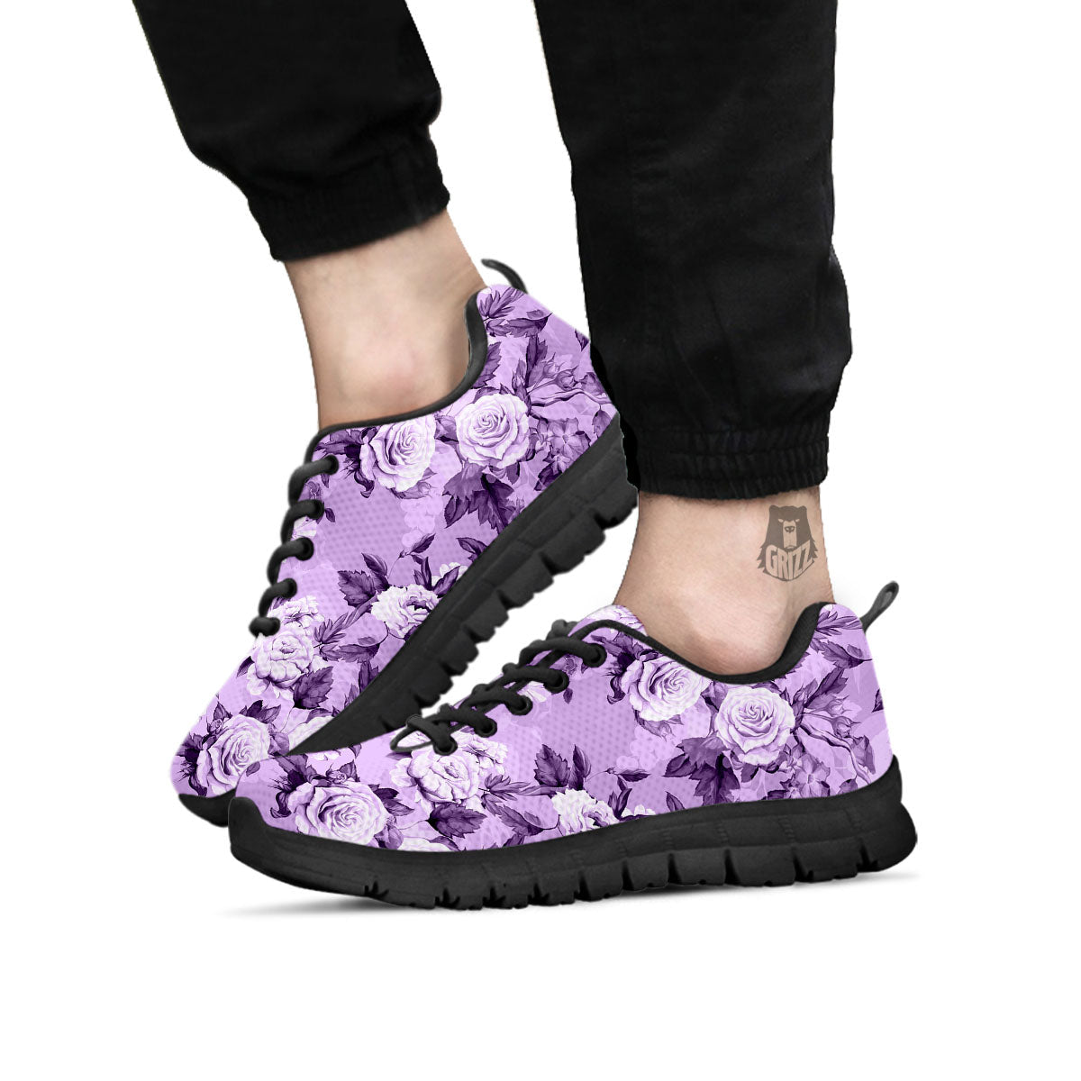 Rose Purple Print Pattern Black Sneaker-grizzshop