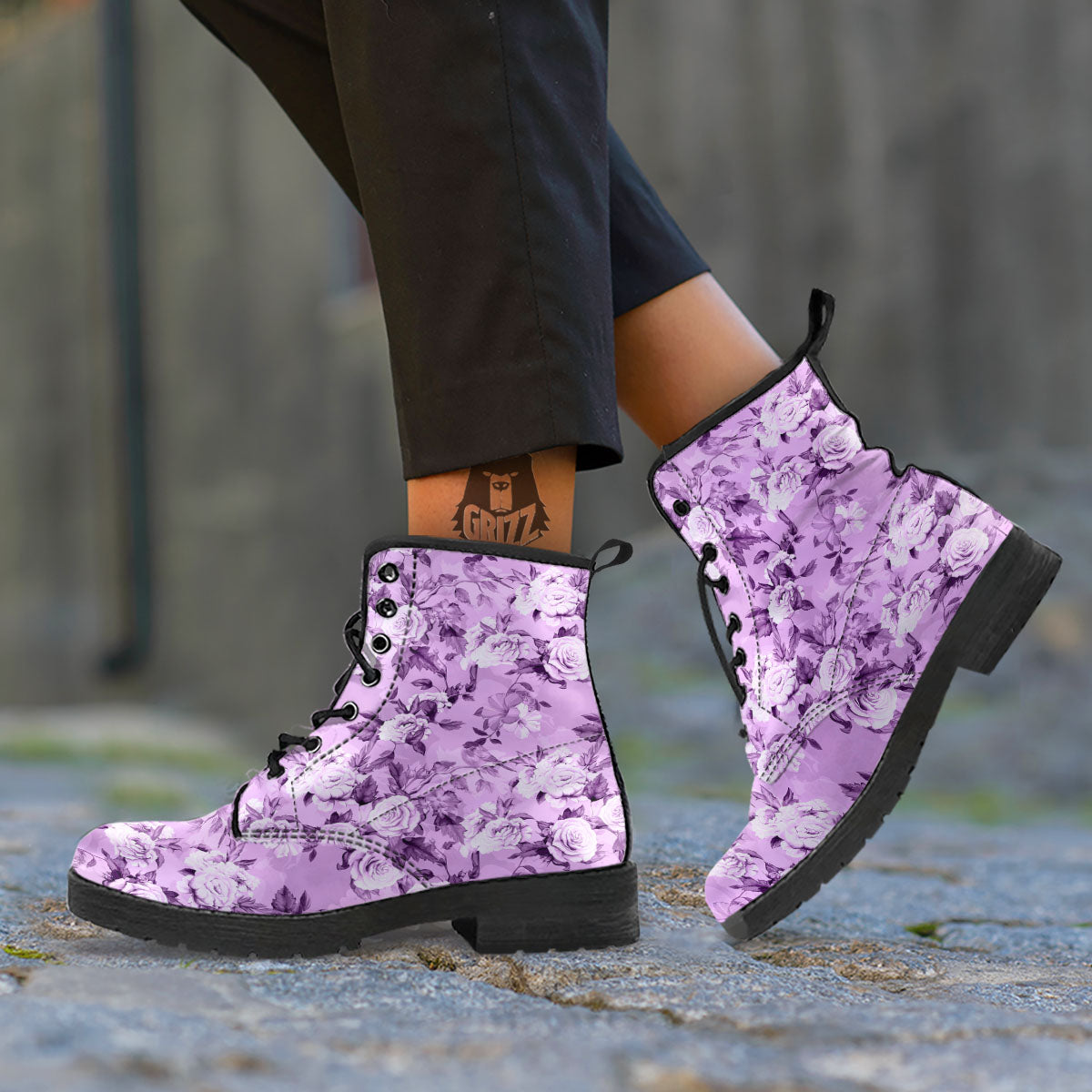 Rose Purple Print Pattern Leather Boots-grizzshop