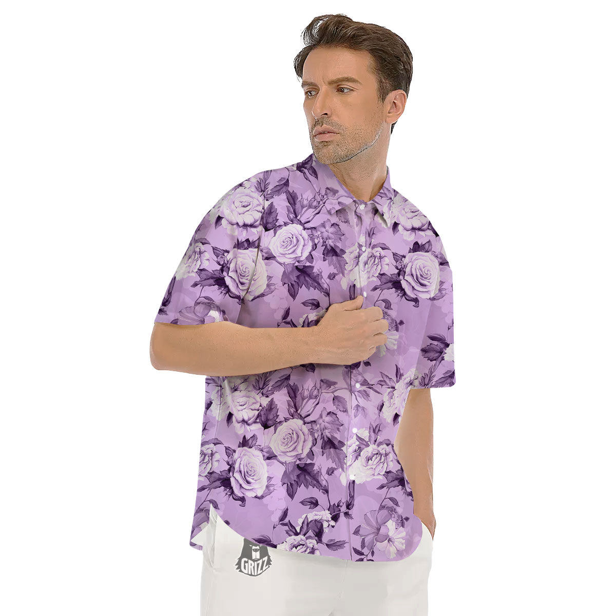 Rose Purple Print Pattern Men's Short Sleeve Shirts-grizzshop