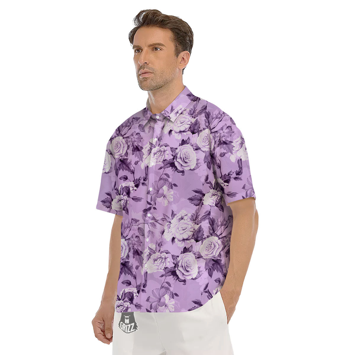 Rose Purple Print Pattern Men's Short Sleeve Shirts-grizzshop