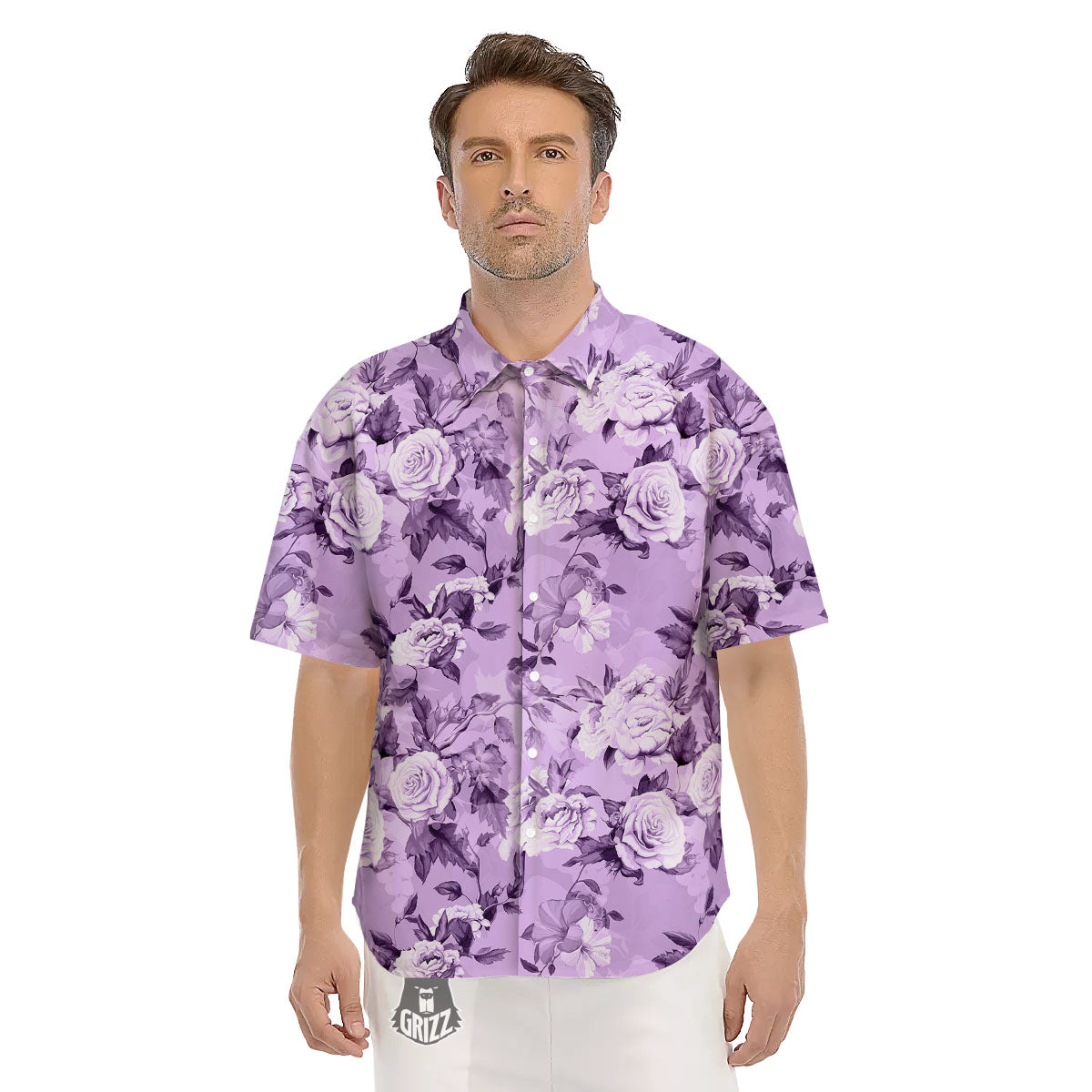 Rose Purple Print Pattern Men's Short Sleeve Shirts-grizzshop