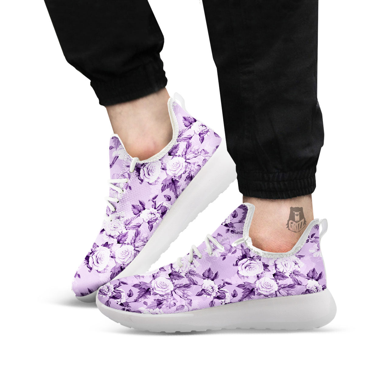 Rose Purple Print Pattern White Athletic Shoes-grizzshop