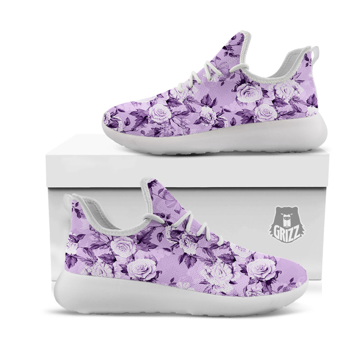 Rose Purple Print Pattern White Athletic Shoes-grizzshop