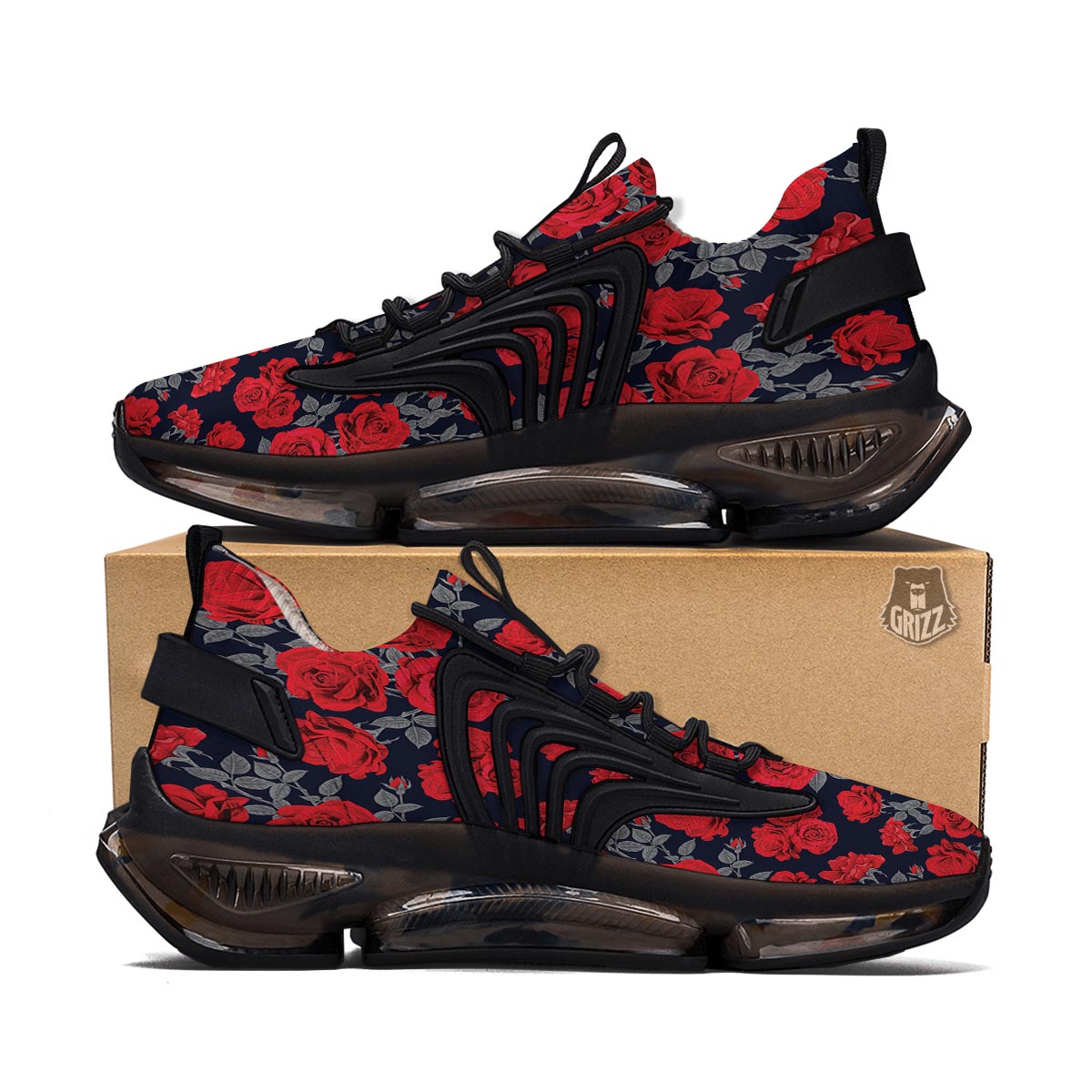 Rose Red Print Pattern Black Gym Shoes-grizzshop