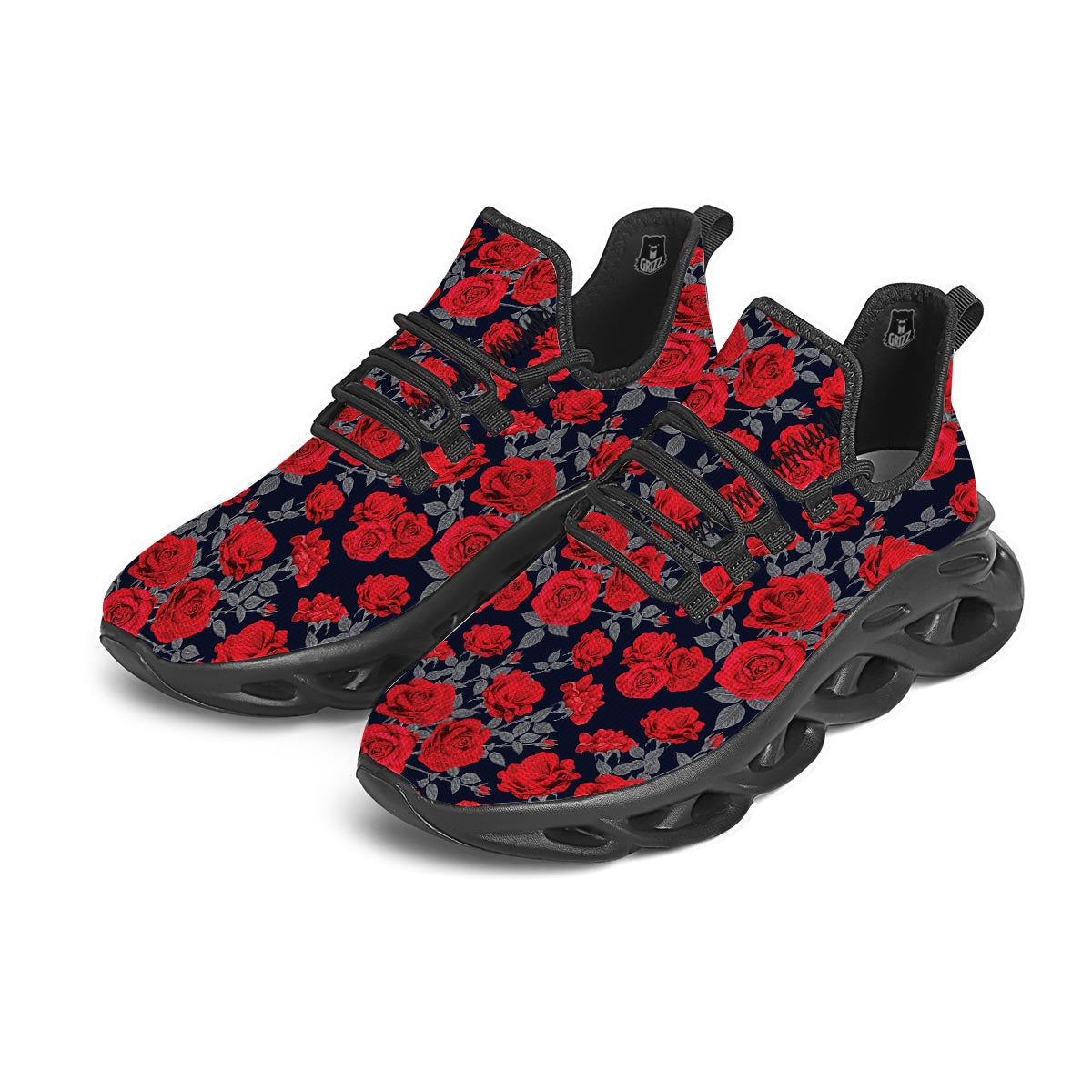 Rose Red Print Pattern Black Running Shoes-grizzshop