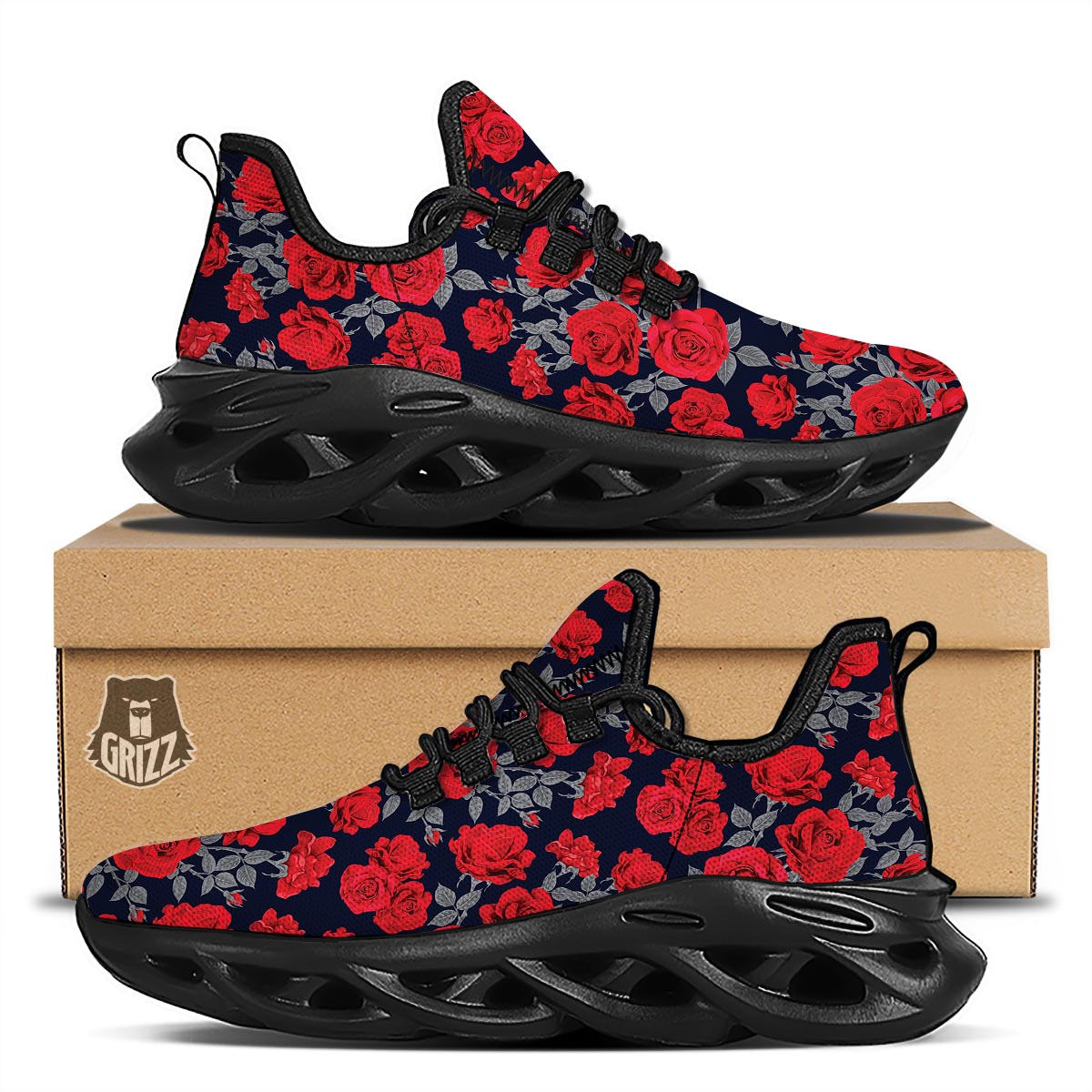 Rose Red Print Pattern Black Running Shoes-grizzshop