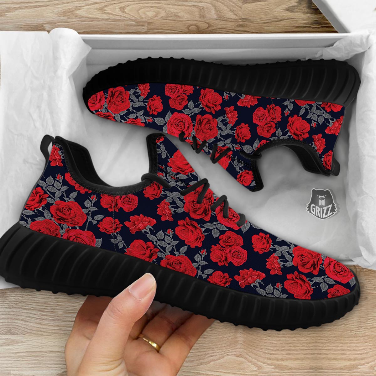 Rose Red Print Pattern Black Walking Shoes-grizzshop