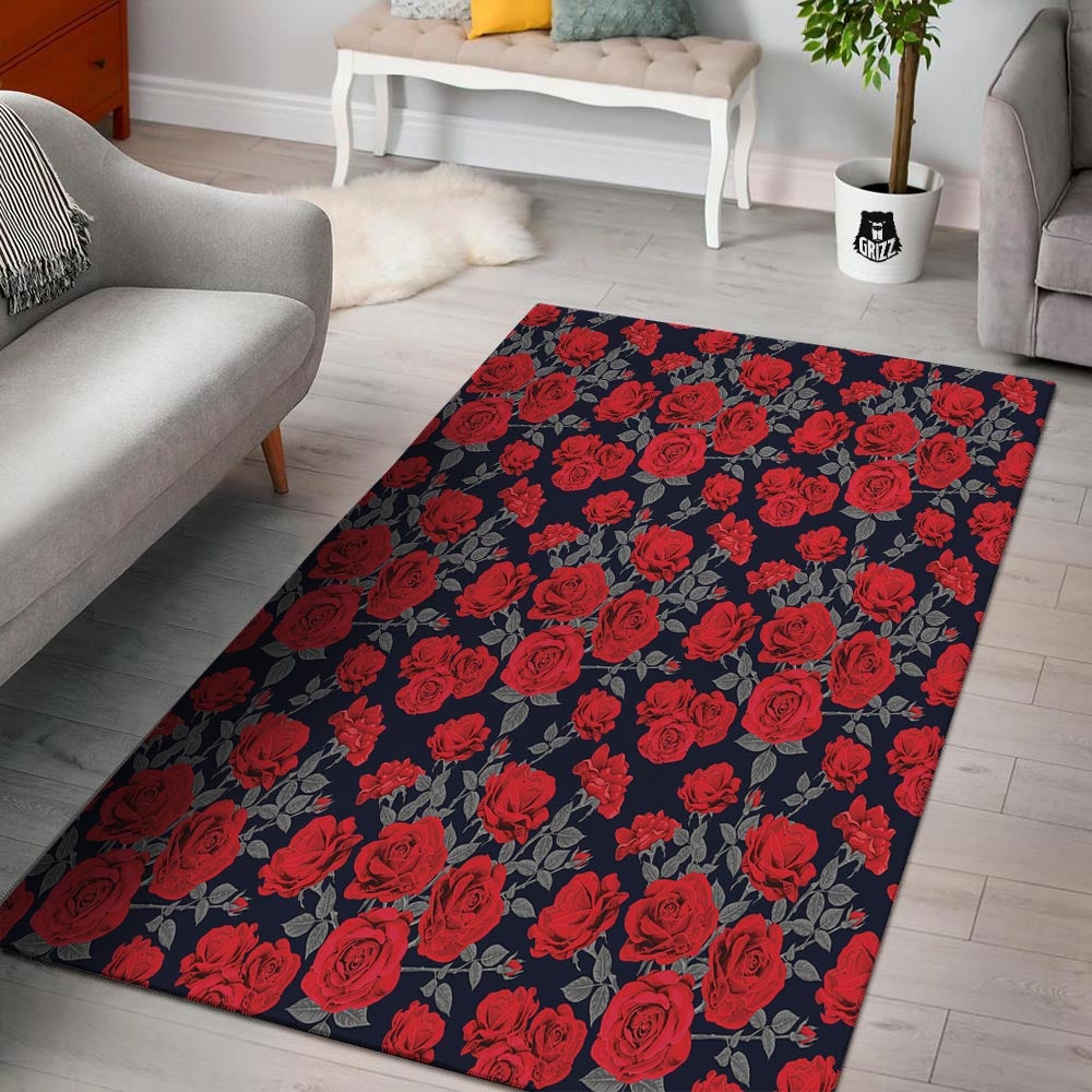 Rose Red Print Pattern Floor Mat-grizzshop