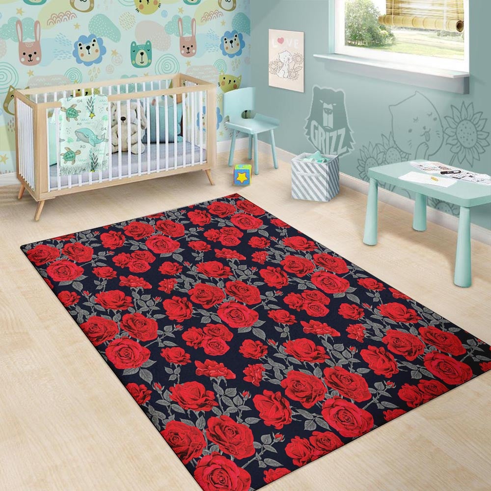 Rose Red Print Pattern Floor Mat-grizzshop