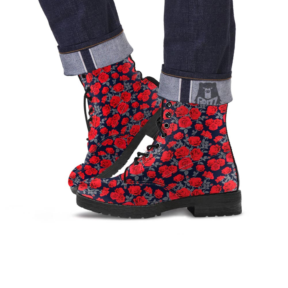 Rose Red Print Pattern Leather Boots-grizzshop