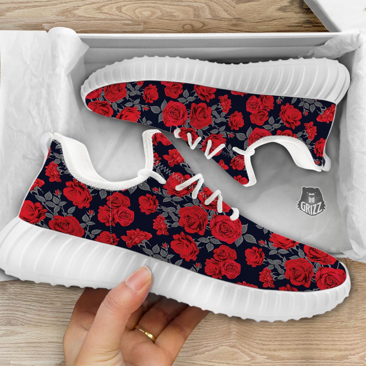 Rose Red Print Pattern White Walking Shoes-grizzshop