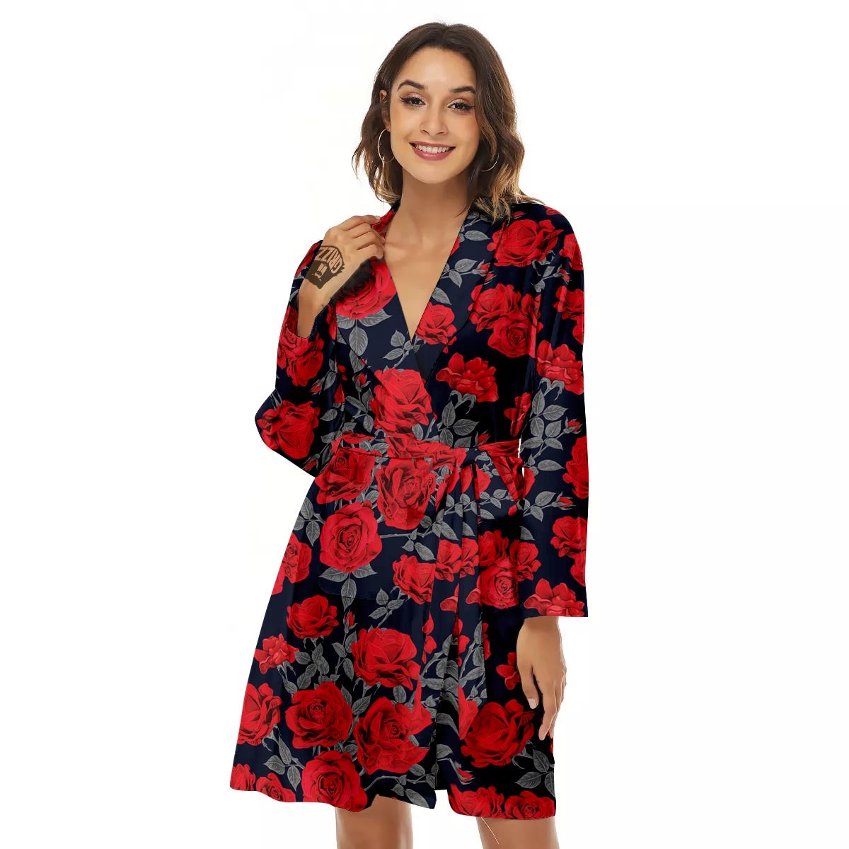 Rose Red Print Pattern Women's Robe-grizzshop