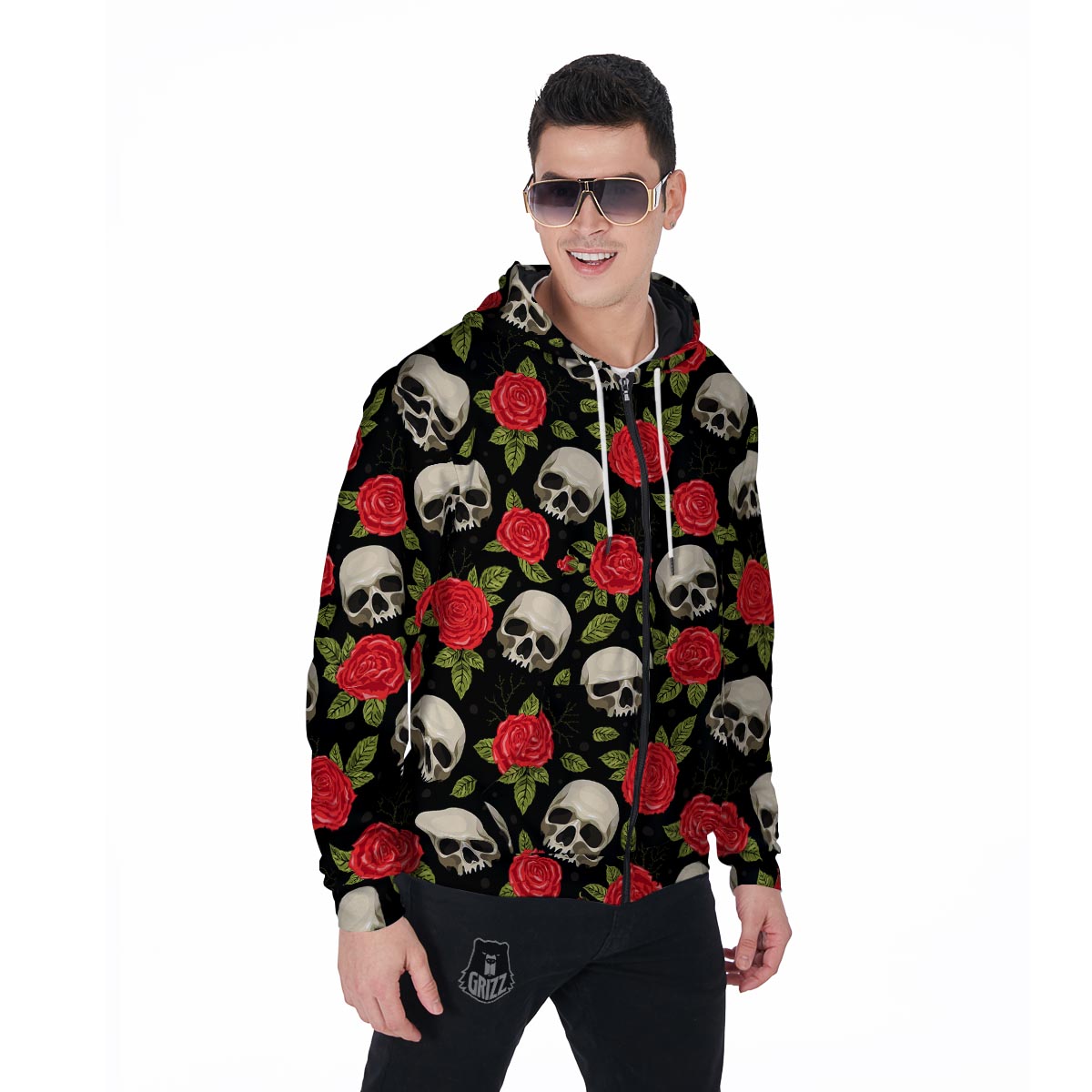 Rose Skull Men's Zip Up Hoodie-grizzshop