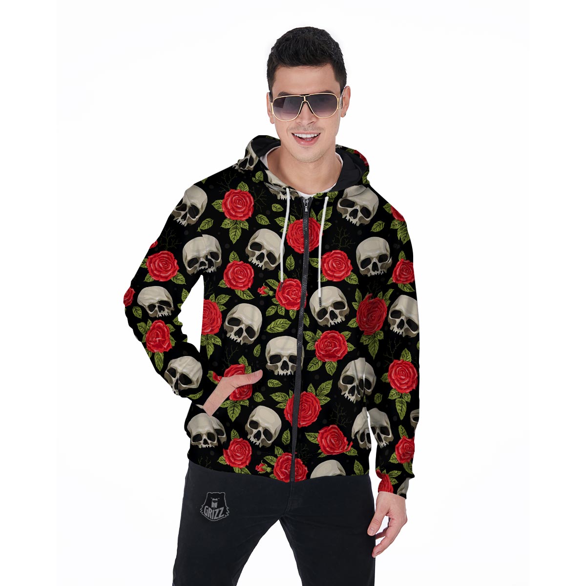 Rose Skull Men's Zip Up Hoodie-grizzshop
