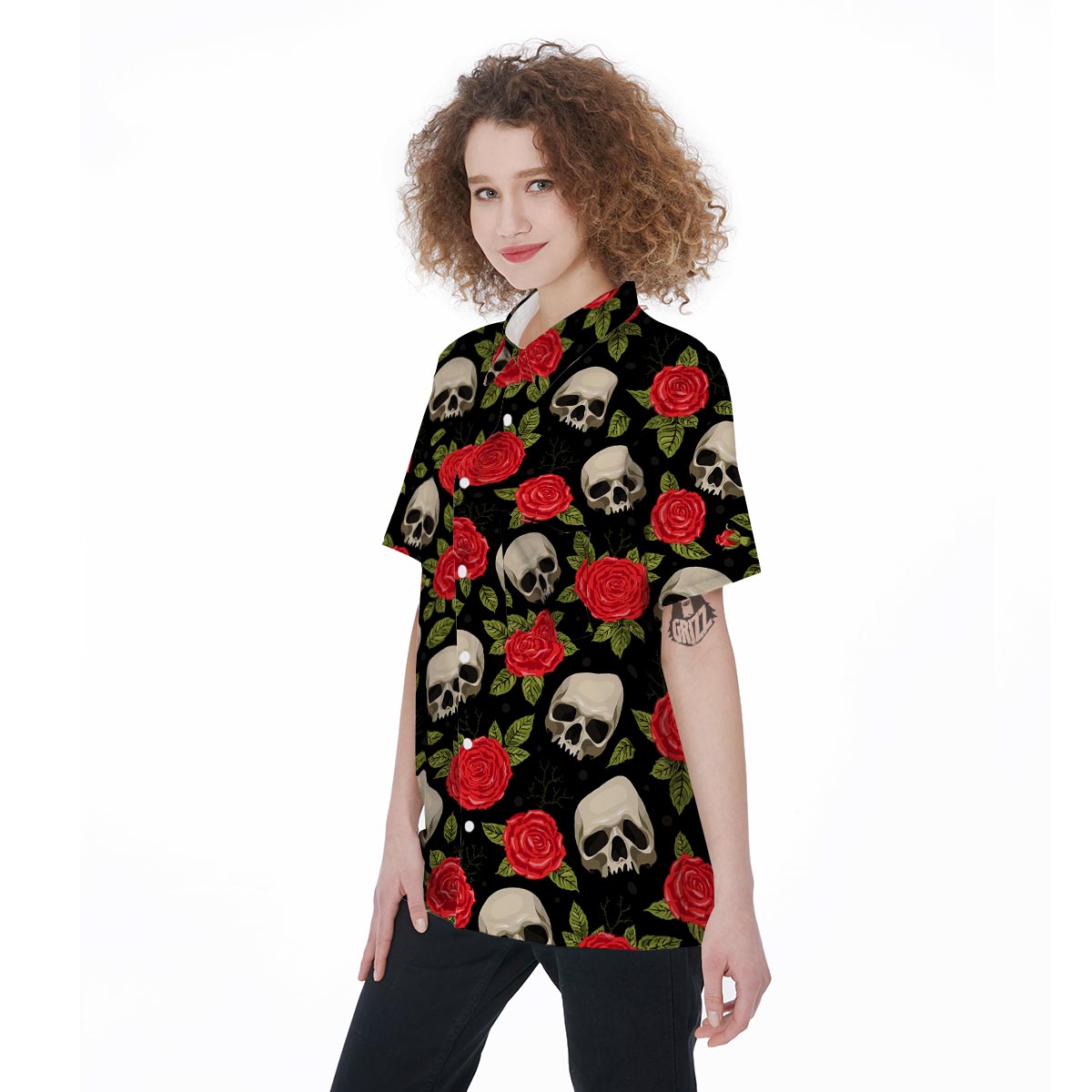 Rose Skull Women's Short Sleeve Shirts-grizzshop
