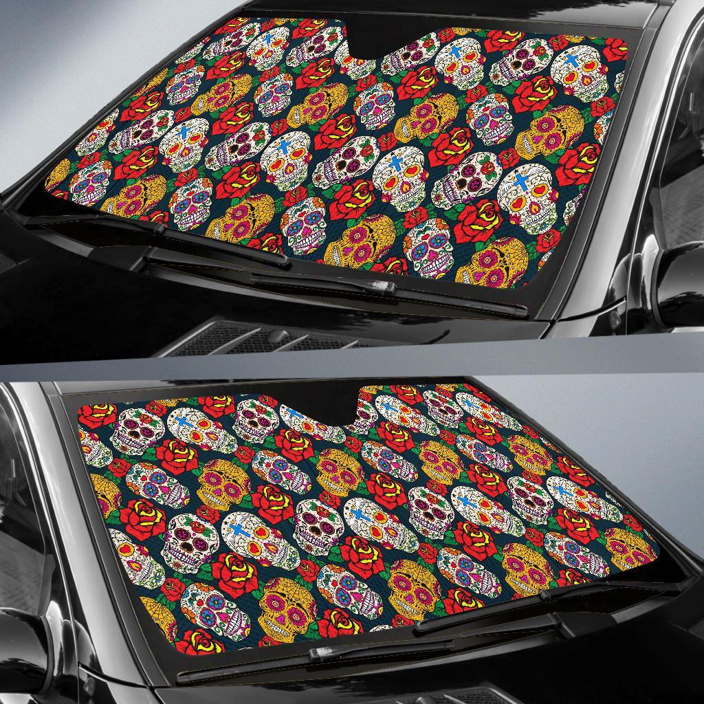 Rose Sugar Skull Skeleton Girly Floral Pattern Print Car Sun Shade-grizzshop