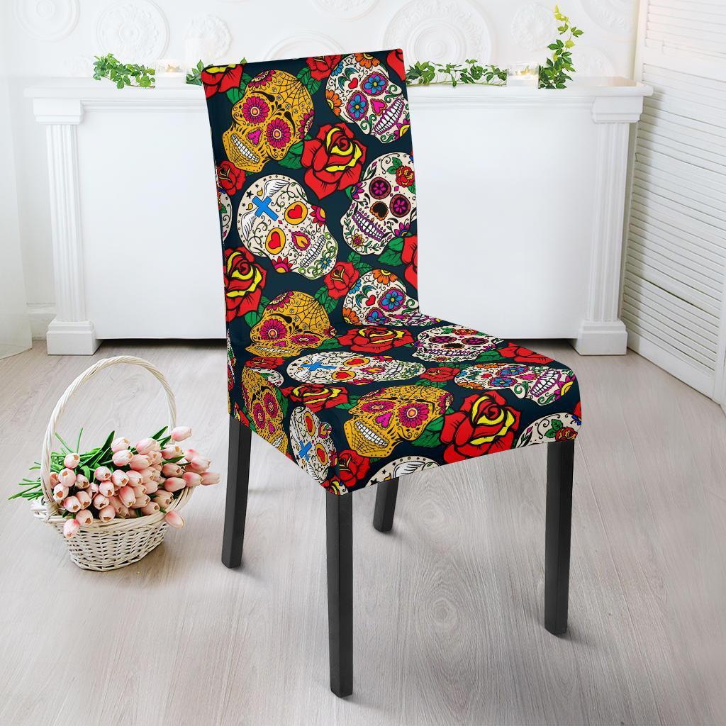 Rose Sugar Skull Skeleton Girly Floral Pattern Print Chair Cover-grizzshop