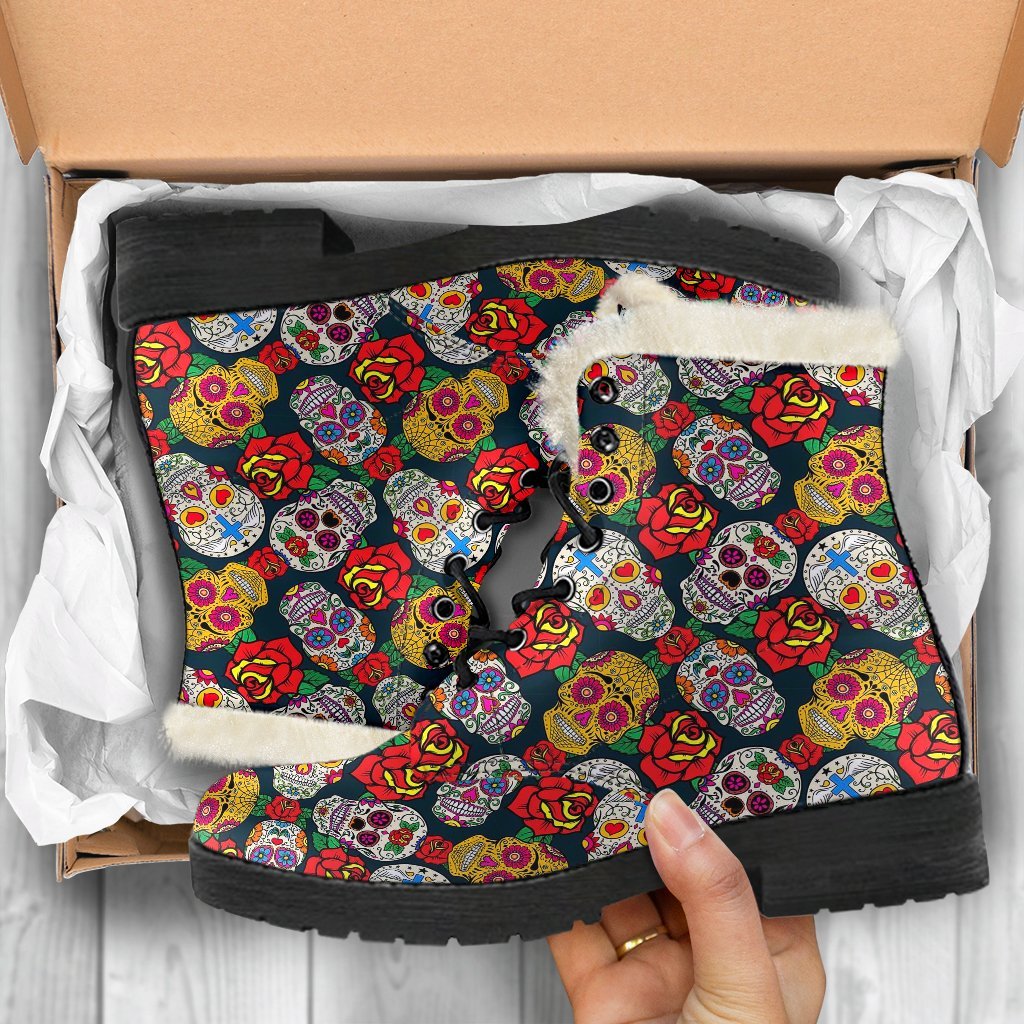 Rose Sugar Skull Skeleton Girly Floral Pattern Print Comfy Winter Boots-grizzshop