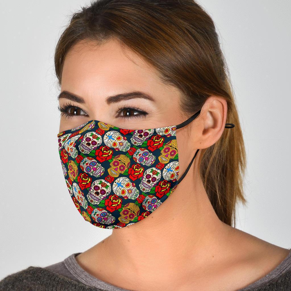 Rose Sugar Skull Skeleton Girly Floral Pattern Print Face Mask-grizzshop