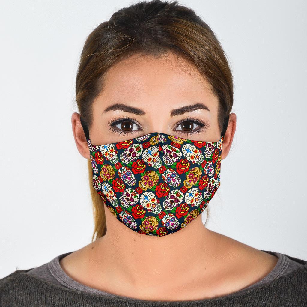 Rose Sugar Skull Skeleton Girly Floral Pattern Print Face Mask-grizzshop