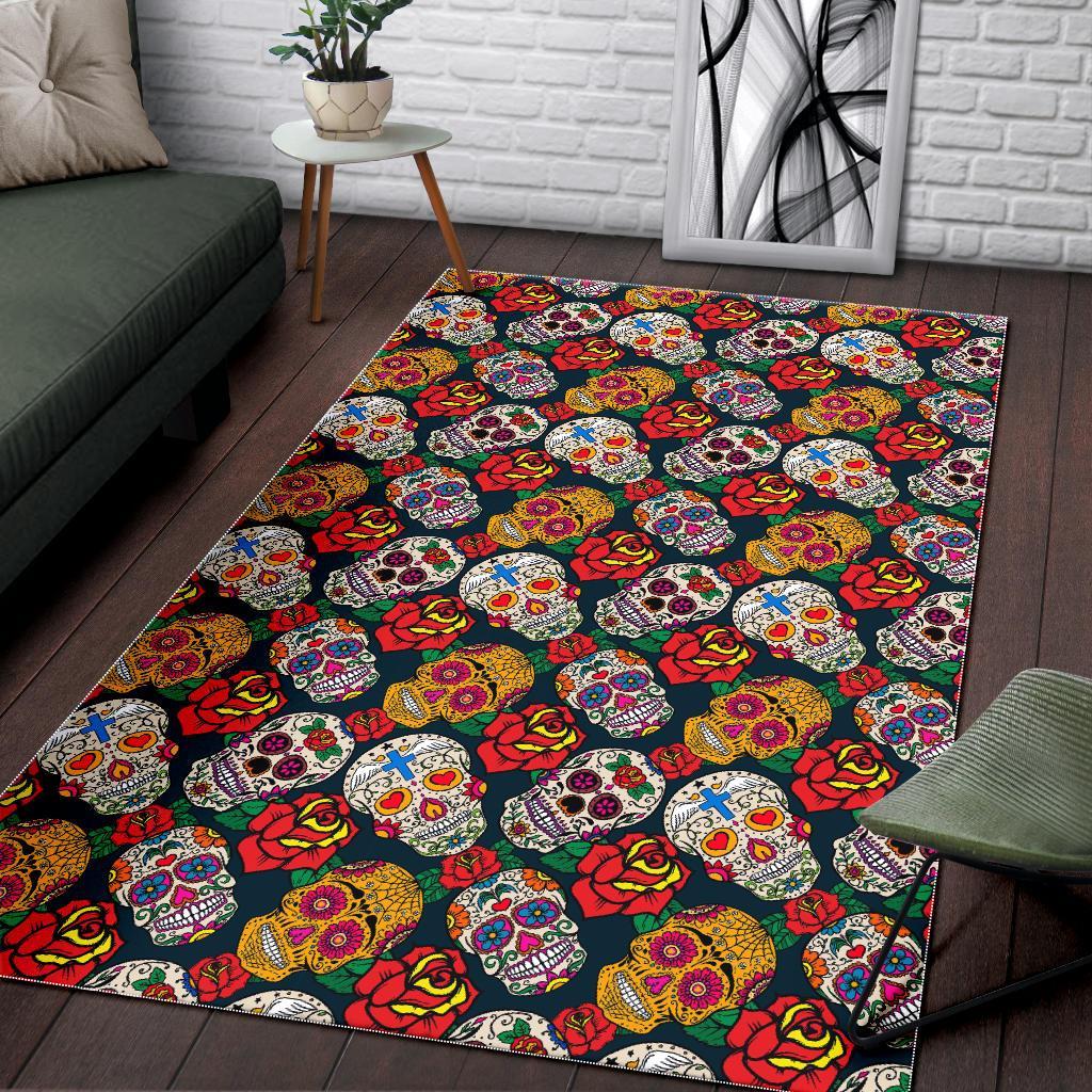 Rose Sugar Skull Skeleton Girly Floral Pattern Print Floor Mat-grizzshop